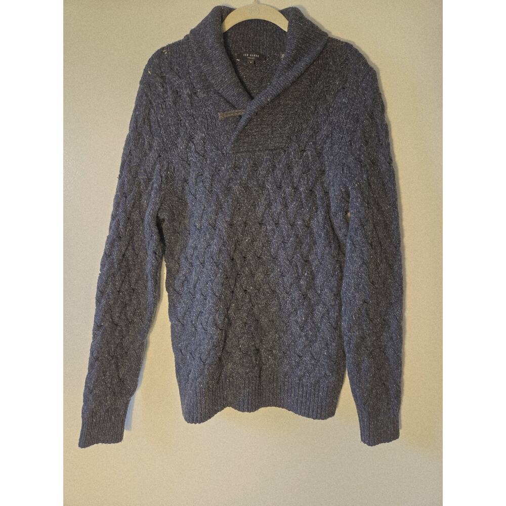 Ted Baker Shawl Neck Sweater Mens Sz 2 US M Cable Knit Pullover Lambs Wool Gray